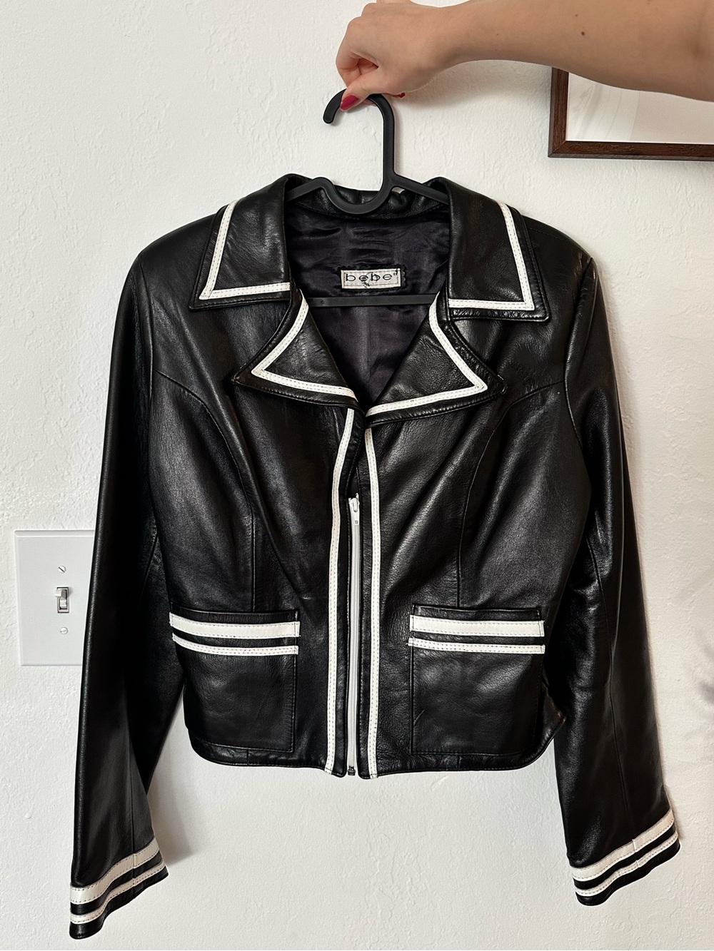bebe Black Leather Jacket with White Trim